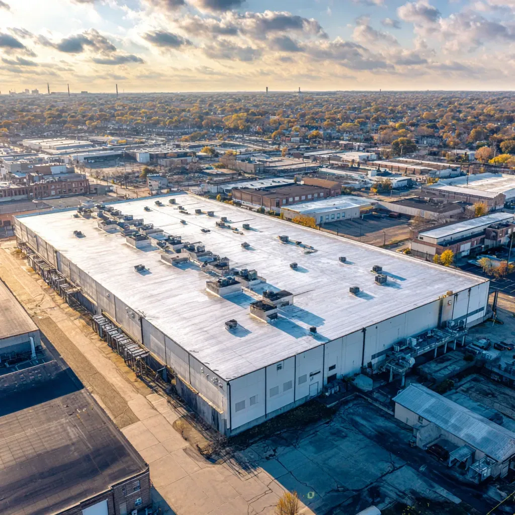 Commercial flat roof installation Cicero IL contractors providing BUR hot asphalt layering, gravel ballast surfacing, parapet coping flashings, deck flashing repairs, certified BUR installers.