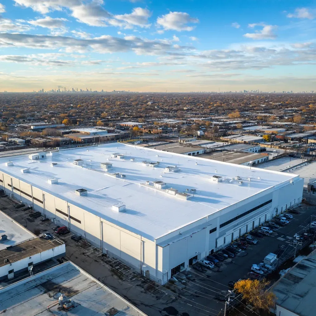 Commercial reflective roofing Cicero IL experts providing high-albedo spray-on acrylic coatings, thermal emissivity enhancements, infrared-resistant waterproof membranes, storm-ready reflective seal rejuvenation, LEED-compliant energy efficiency upgrades, parapet flashing reflective caulking, certified Chicagoland roofers.