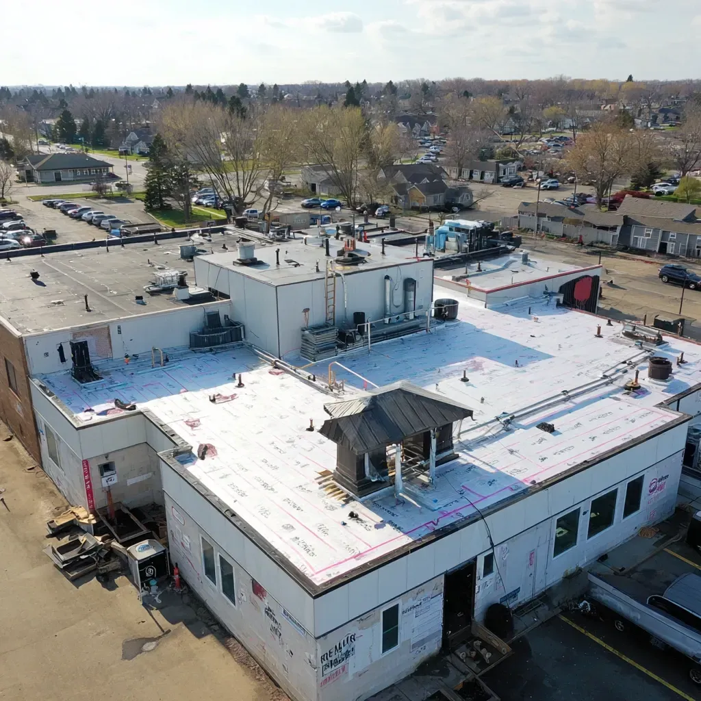 Commercial flat roof installation Cicero IL experts delivering EPDM overlay systems, compounded rubber flashing, thermal barrier underlayments, tapered insulation board setups, certified local roofers.