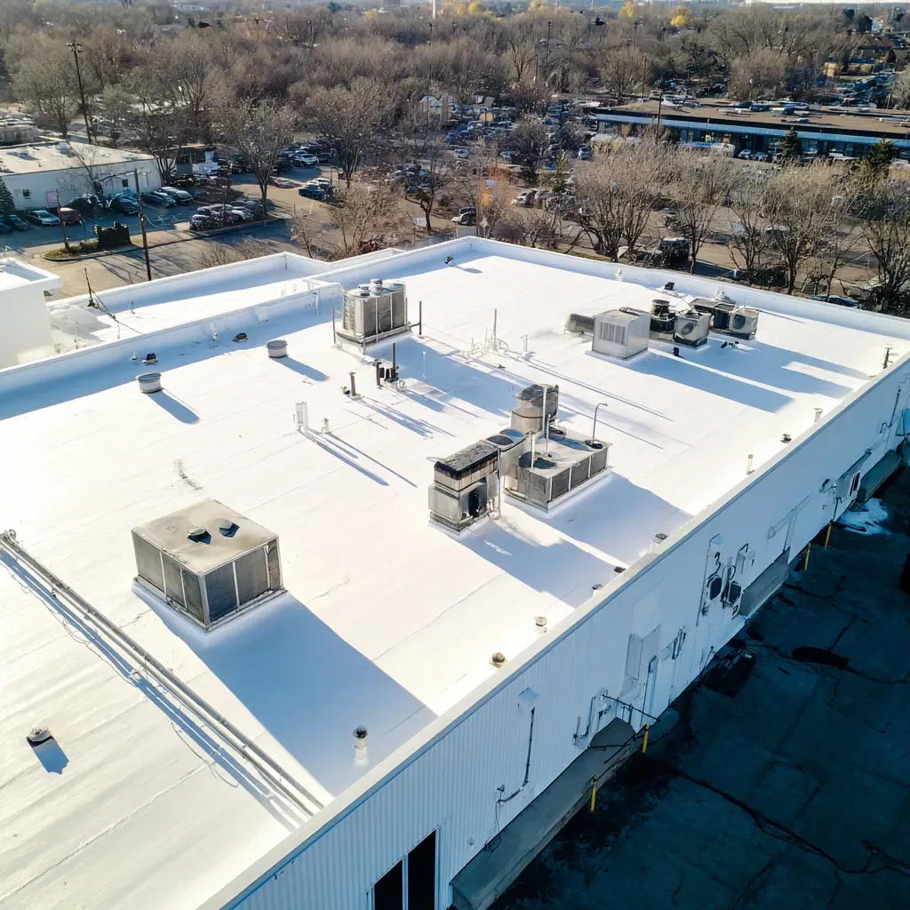 Commercial flat roof installation Cicero IL team providing spray foam roofing systems, closed-cell polyurethane foam application, protective elastomeric coatings, tapered insulation buildups, roof uplift straps, seamless gutter integration, certified spray foam installers.