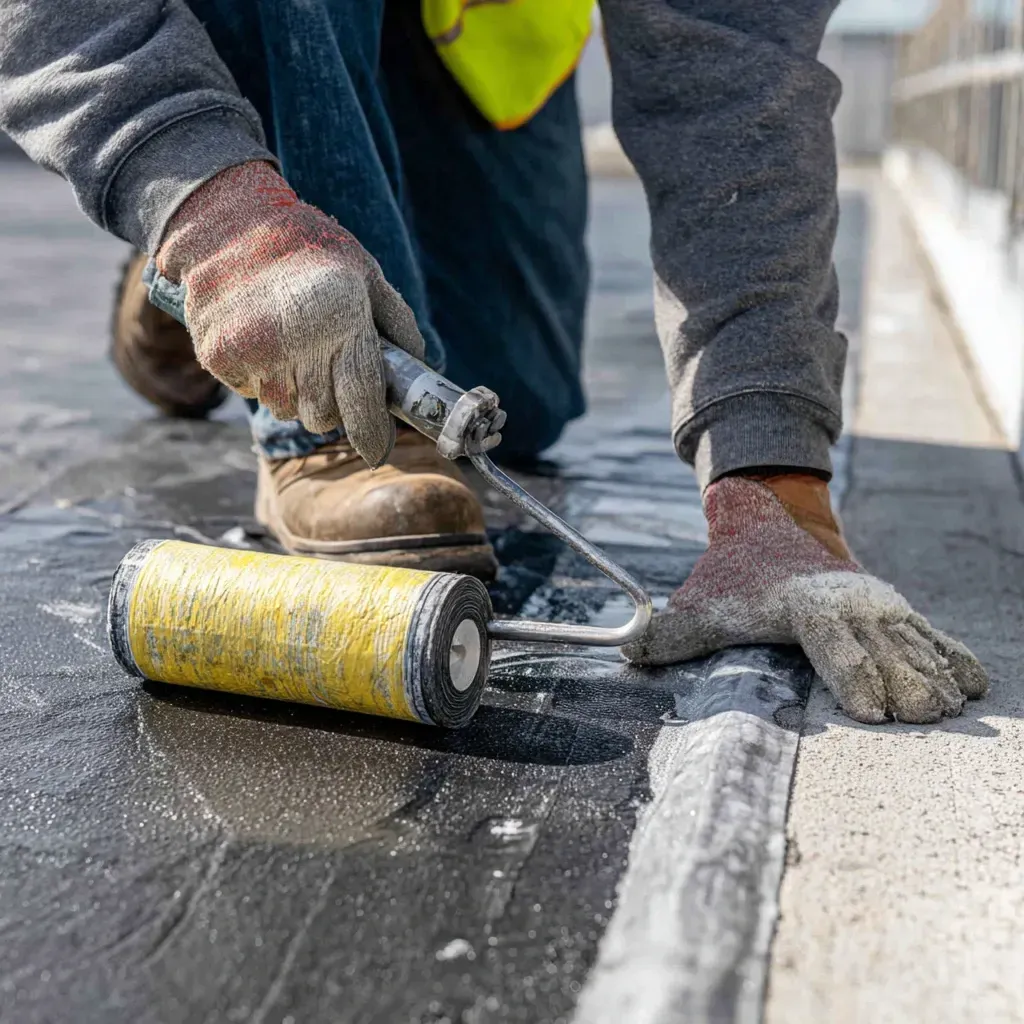 Commercial roof sealing Cicero IL professionals performing EPDM flashing re-adhesion, seam tape re-priming, scupper basket seal replacements, licensed specialists.