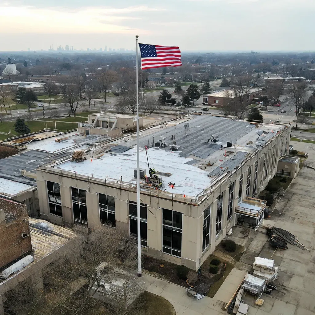 Commercial roof maintenance Cicero IL team executing gutter guard filter replacements, micro-mesh screen cleaning, leaf trap flush services, certified maintenance crews.