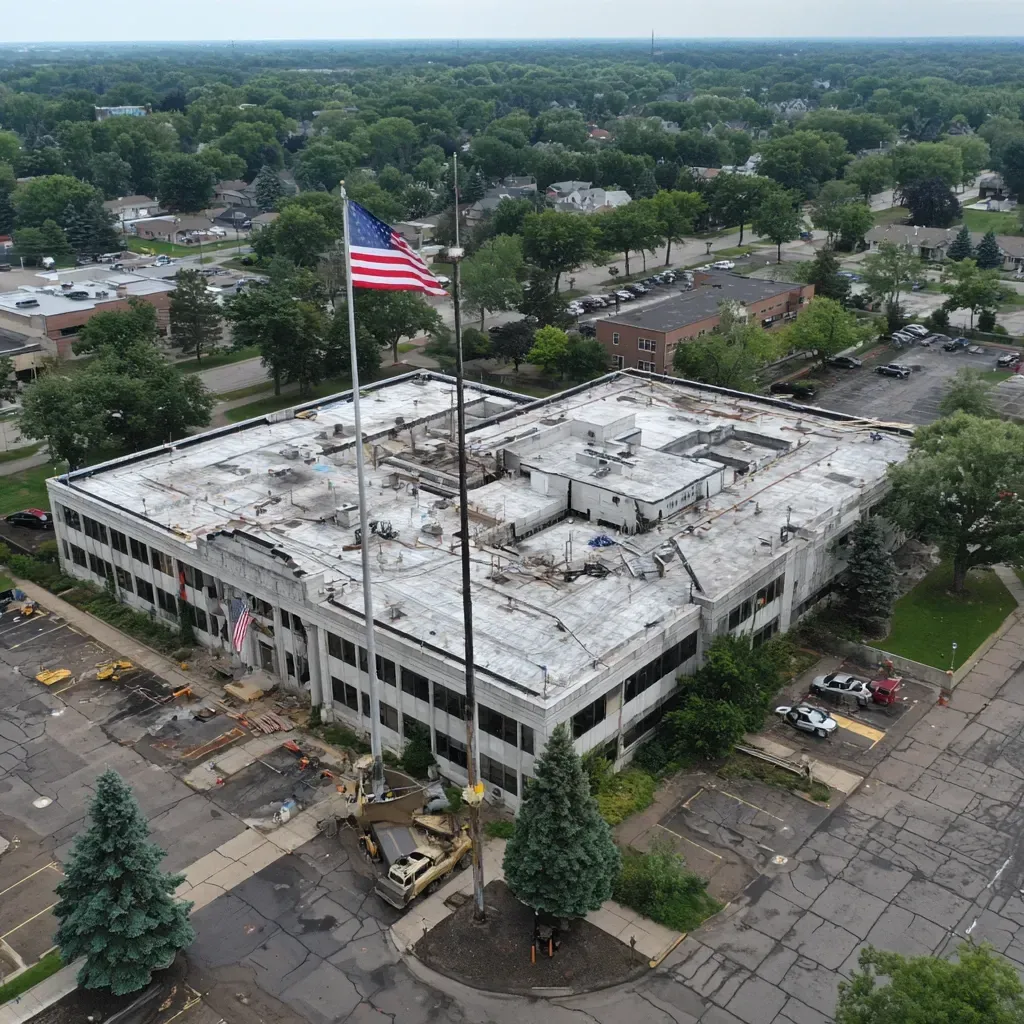 Commercial flat roof installation Cicero IL contractors delivering liquid rubber coatings, gutter and downspout integration, tapered insulation, parapet flashing upgrades, storm damage patching, licensed local technicians.
