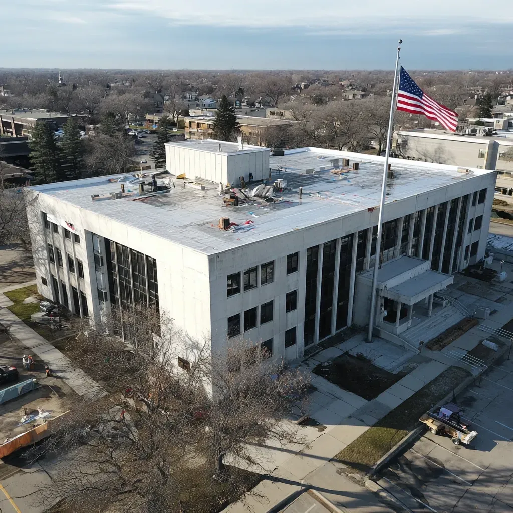 Commercial roof inspection and assessment Cicero IL team executing roof hatch emergency egress functionality tests, ladder access anchor surveys, rooftop safety cage inspections, licensed safety engineers.