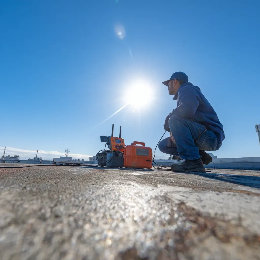 Commercial roof inspection and assessment Cicero IL professionals skilled in single-ply membrane seam weld tensile testing, heat-weld integrity inspections, polyiso insulation board moisture scans, licensed membrane specialists.