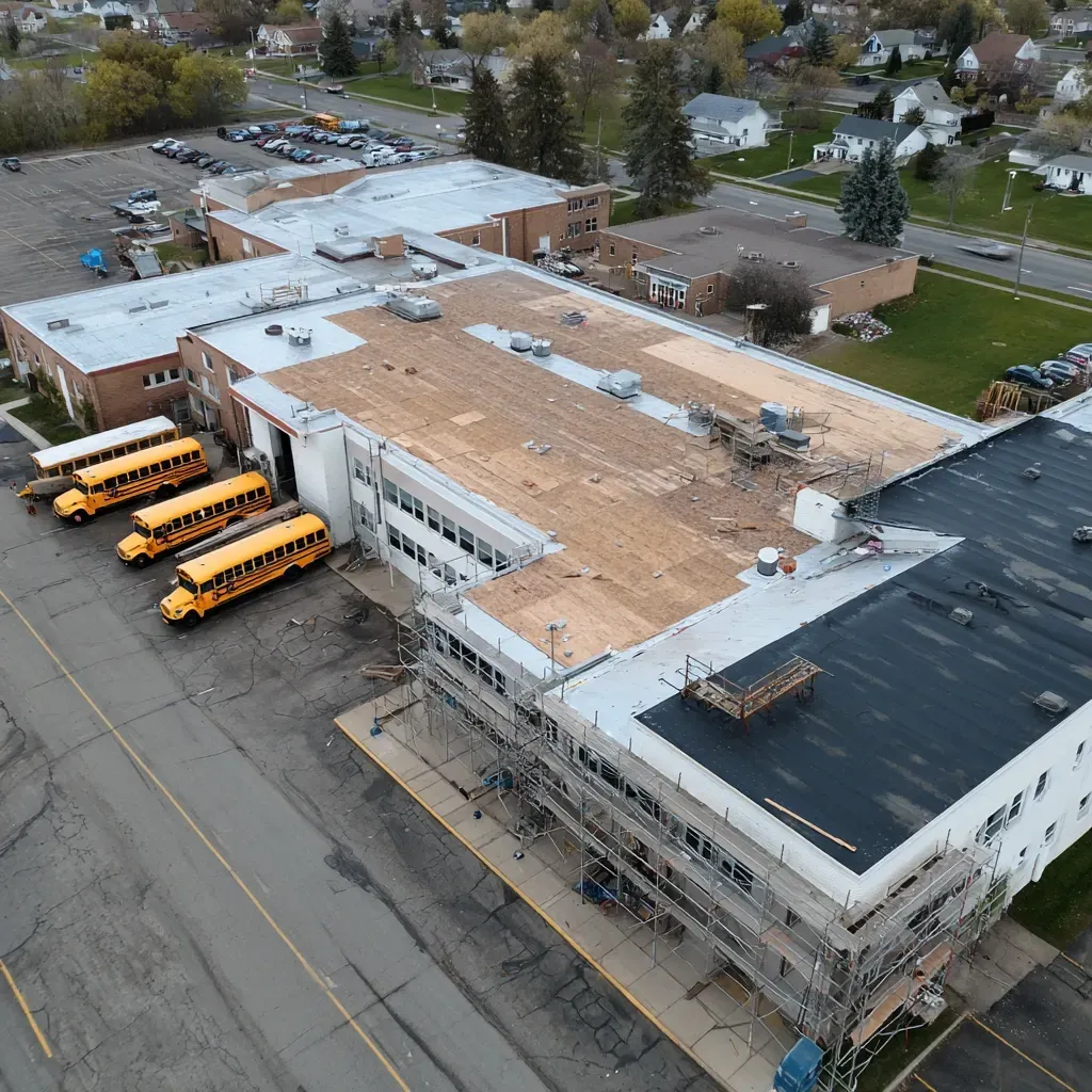 Commercial roof inspection and assessment Cicero IL team executing deck expansion joint condition surveys, relief curb flashing inspections, scupper outlet alignment checks, certified commercial roof inspectors.