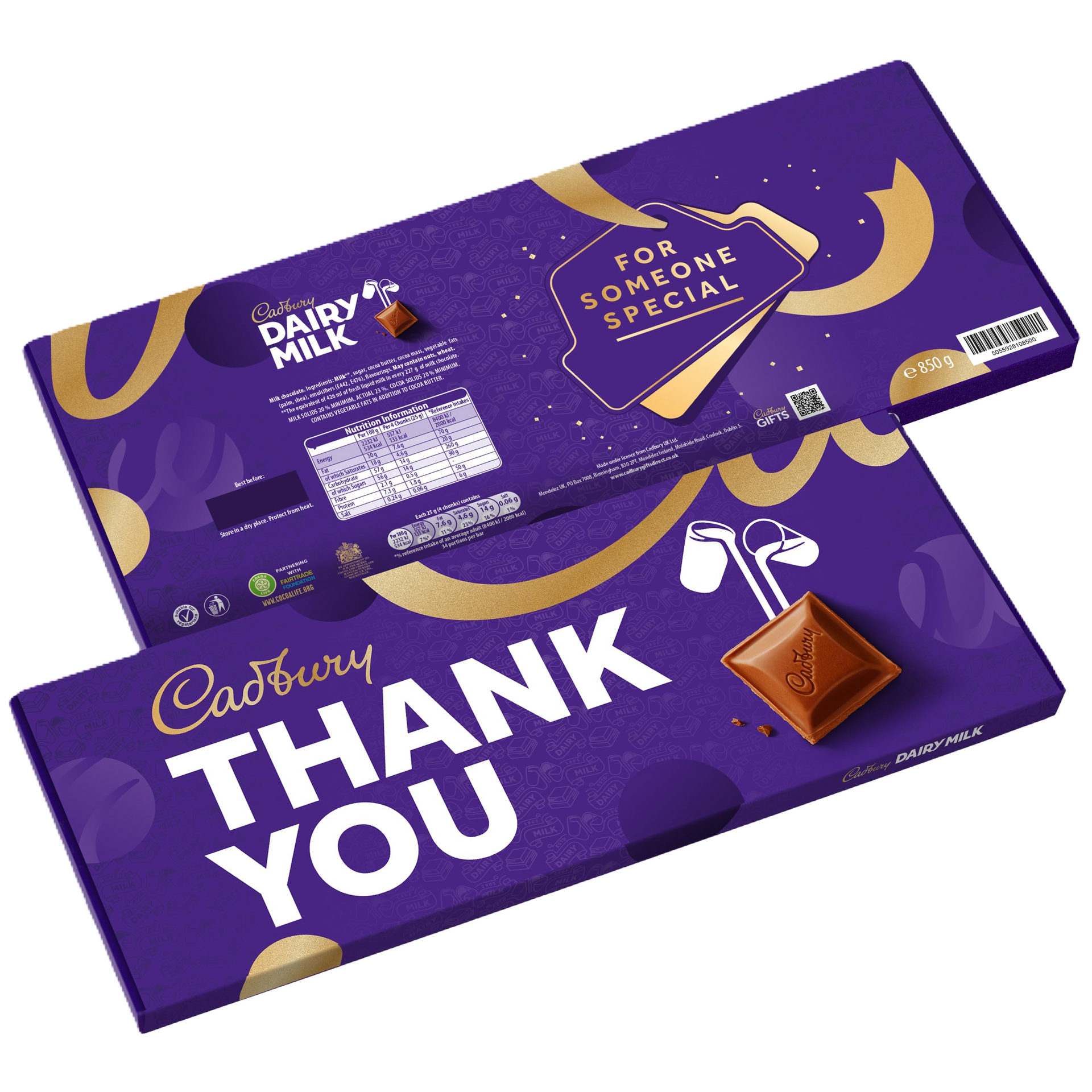 A cadbury thank you chocolate bar is sitting on top of another cadbury thank you chocolate bar.