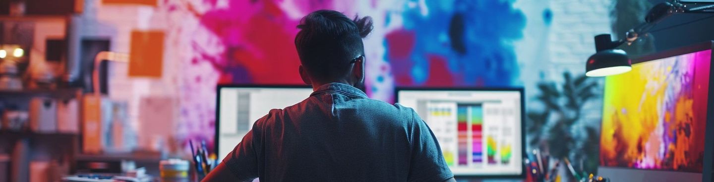 A man is standing in front of a computer monitor in a dark room.