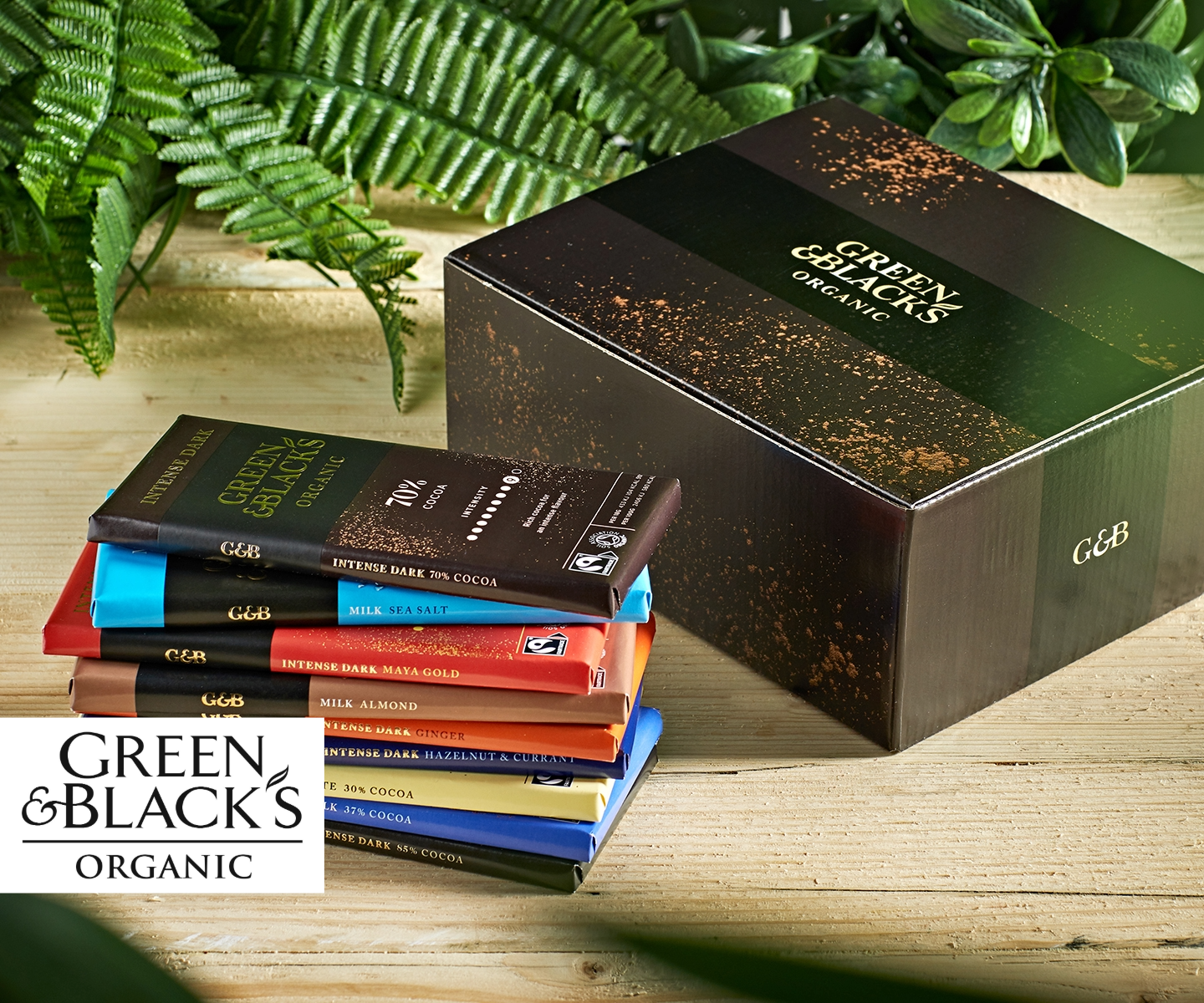 A box of green & black 's organic chocolate bars