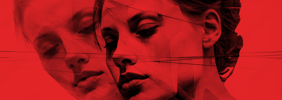 A close up of a woman 's face on a red background.