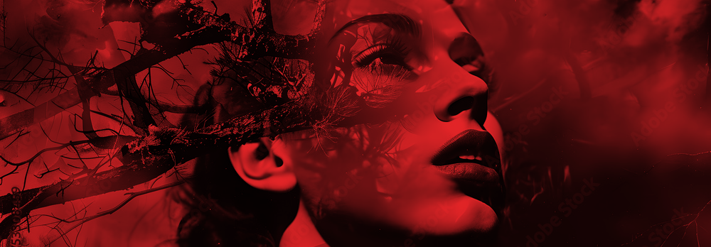 A close up of a woman 's face with a red background.