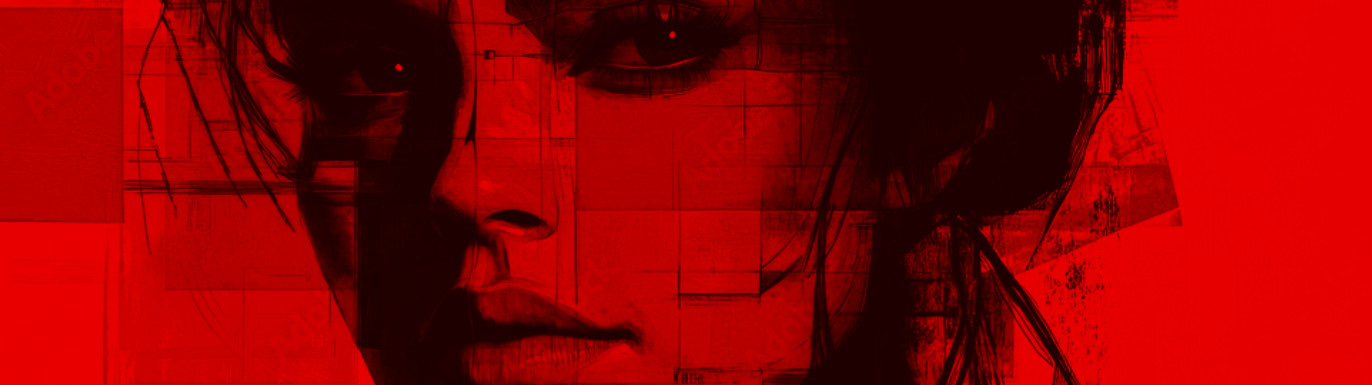 A close up of a woman 's face on a red background.