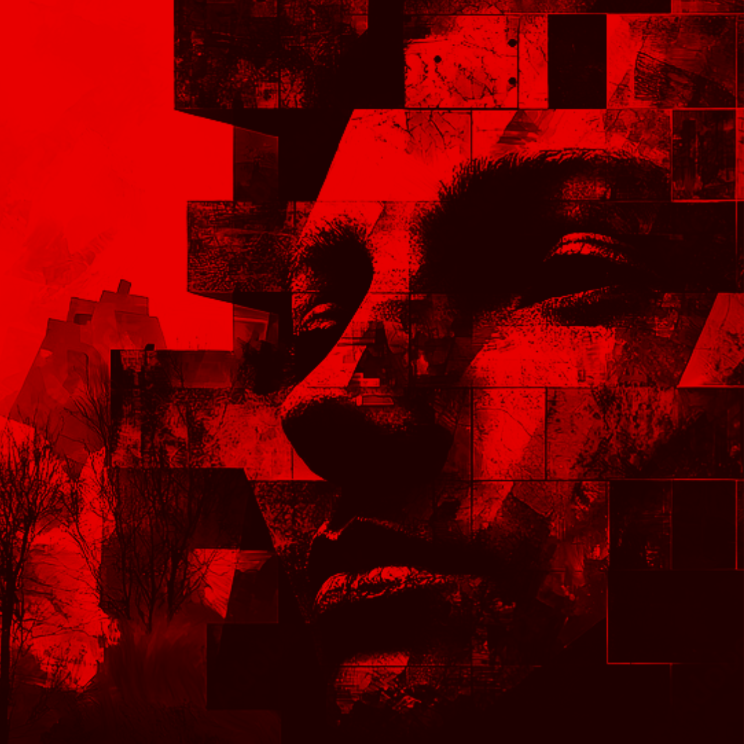 A close up of a man 's face in a red and black painting.