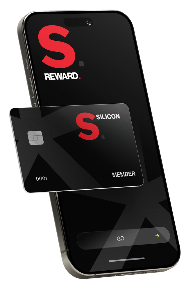 A cell phone with a reward card on it