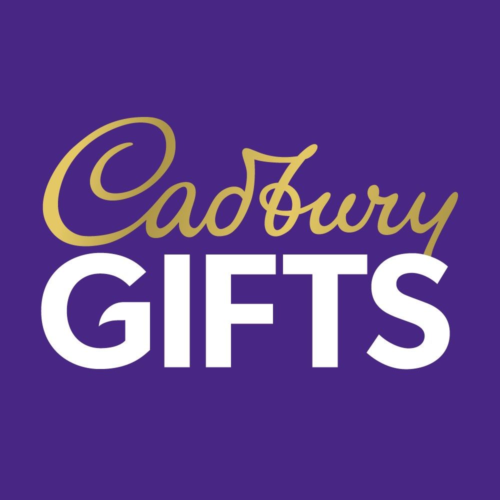 The cadbury gifts logo is on a purple background