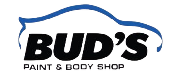 The logo for Bud&rsquo;s Paint & Body Shop featuring the text in black below a blue stylized car outline.