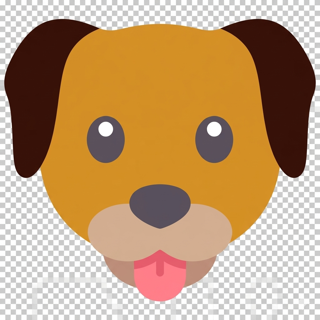 Cartoon brown dog face with floppy ears, dark eyes, and tongue out on transparent background