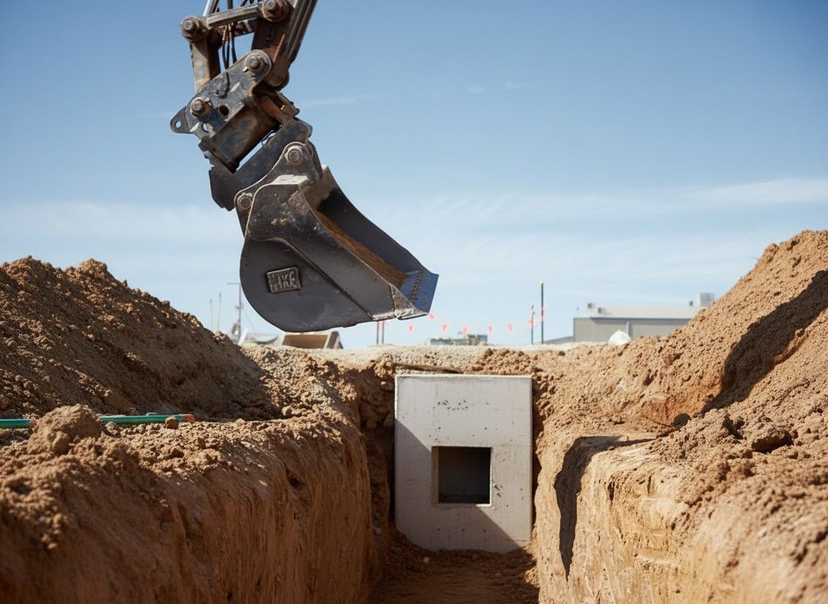 An excavator bucket hovers above a concrete drainage structure placed within a narrow trench in an earth construction site  — Quarrell Civil Construction In Congupna, VIC