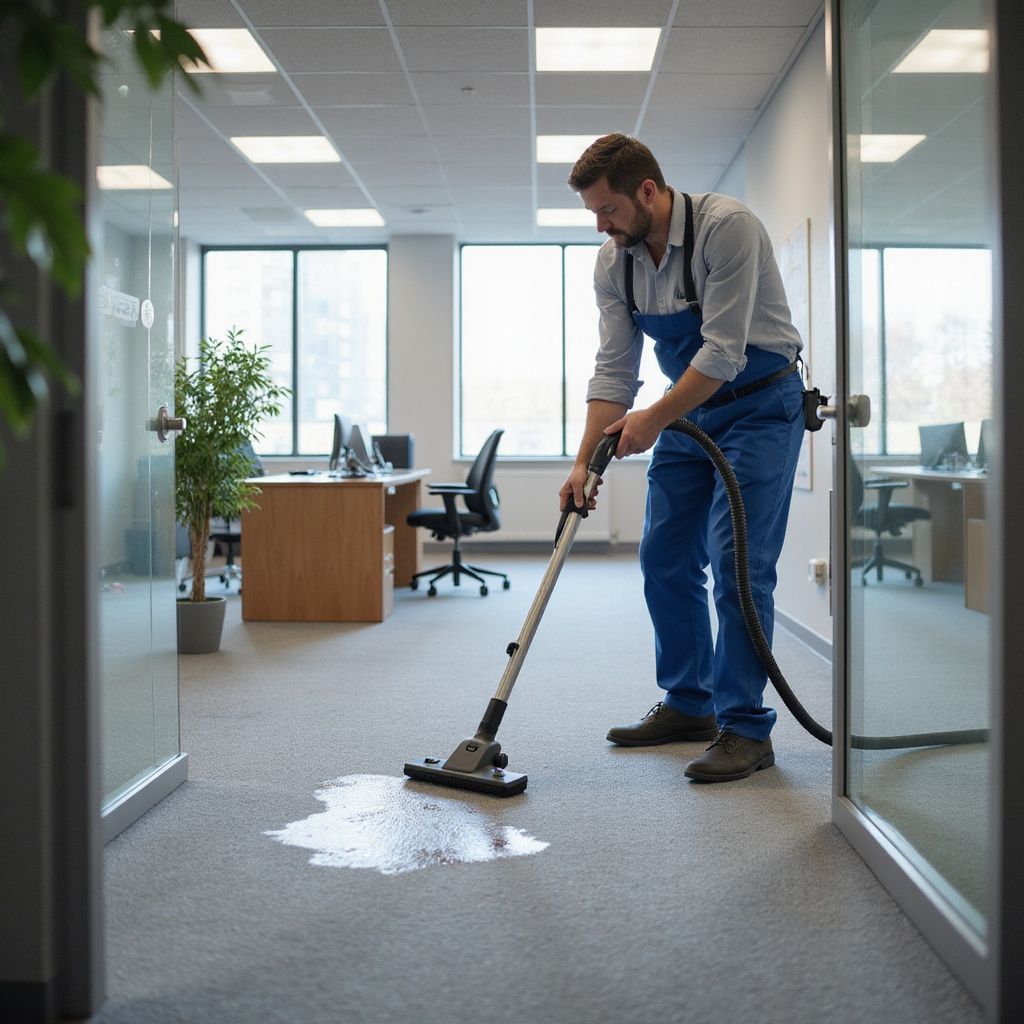 Person in overalls vacuuming a wet spot on office carpet.  Setting includes desks and large windows.