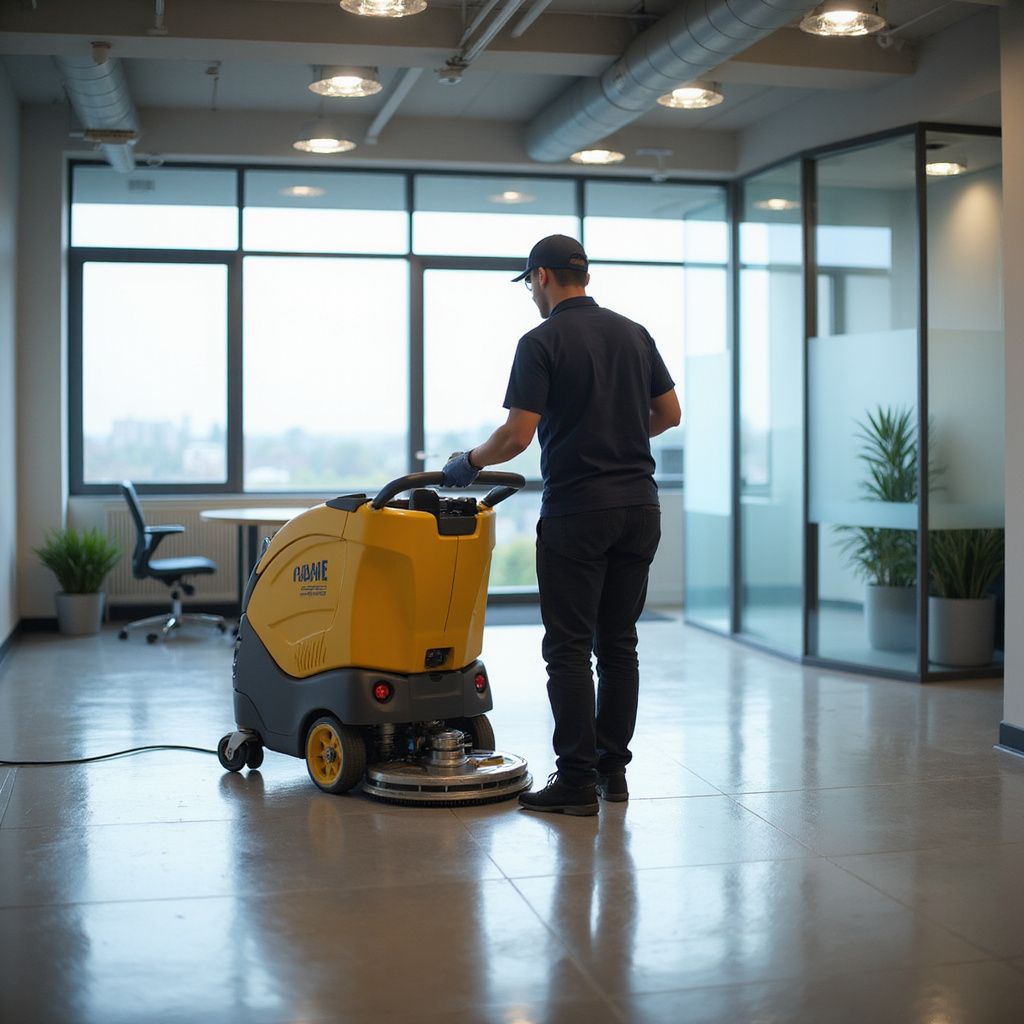 Person operating a yellow floor cleaning machine in an office space with large windows and a round table.