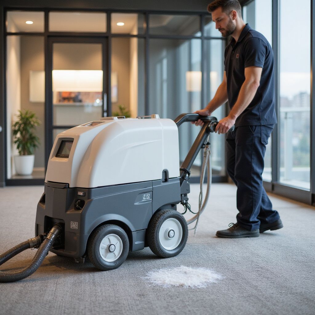 Two workers cleaning water-covered floor with large vacuum in a bright, modern room.
