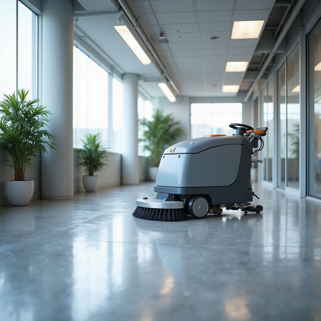 Floor cleaner machine in a brightly lit hallway with potted plants.