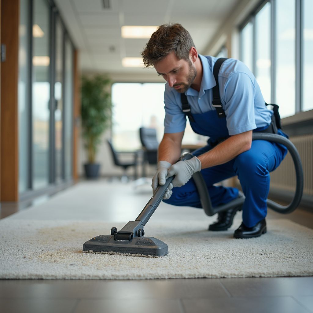 Man in blue coveralls vacuuming a carpet in an office setting.