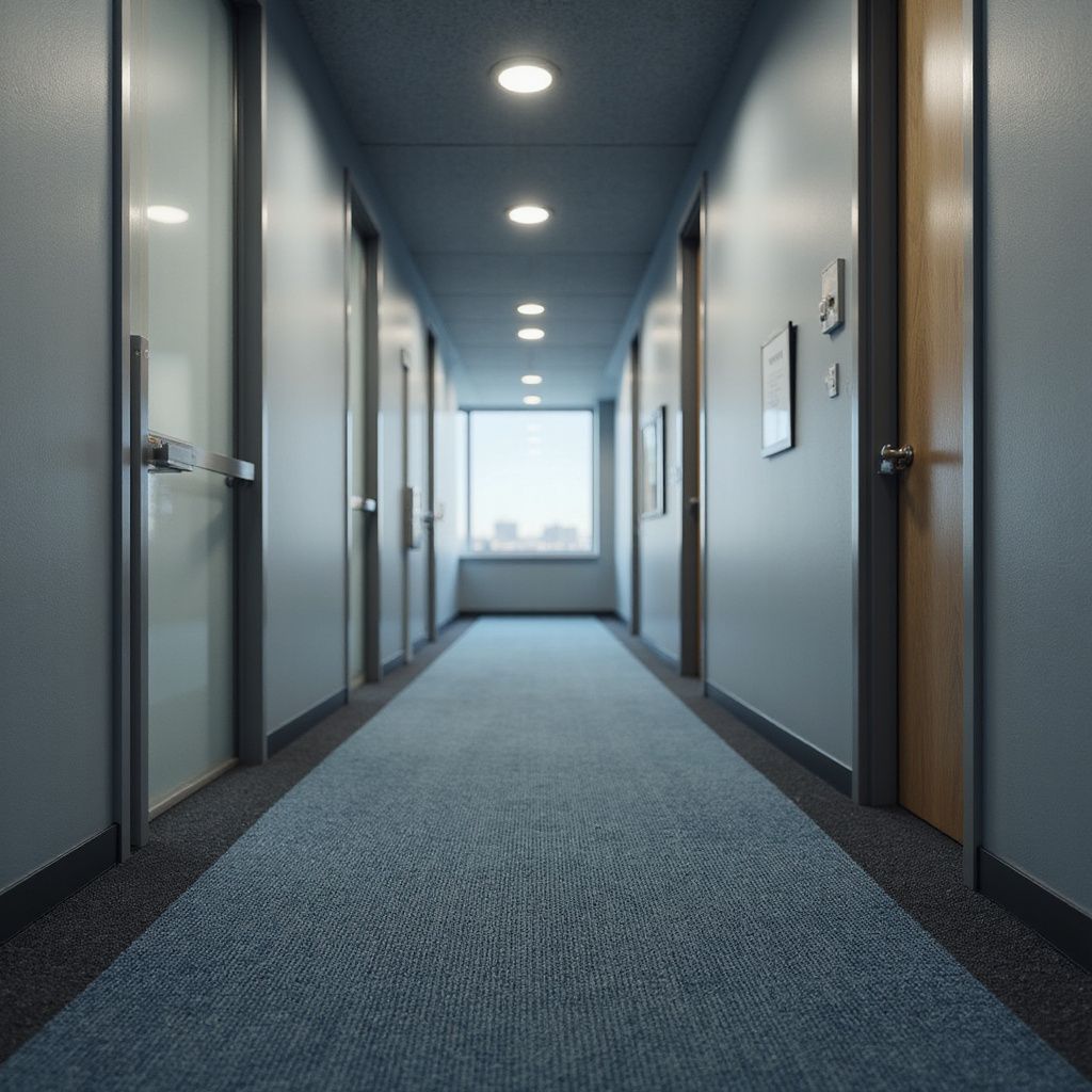Long hallway with blue carpet, doors, and a window at the end.