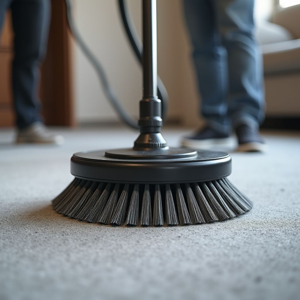 Carpet cleaning brush with metal bristles in use; two people stand nearby.