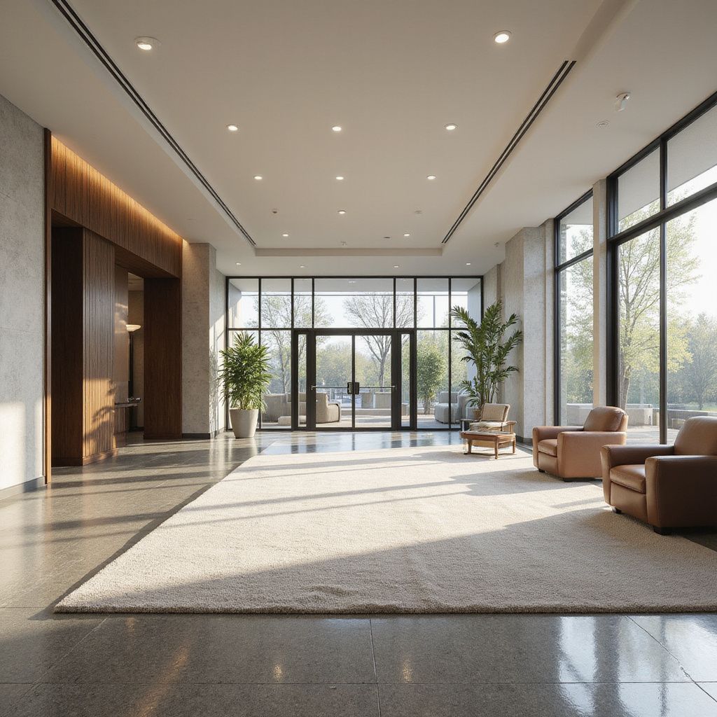 Spacious, well-lit lobby with large windows, light rug, armchairs, and plants. Front door visible at end.