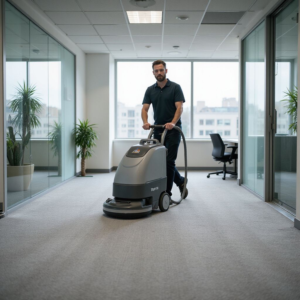 Man operating a floor cleaning machine in an office hallway with large windows and indoor plants.