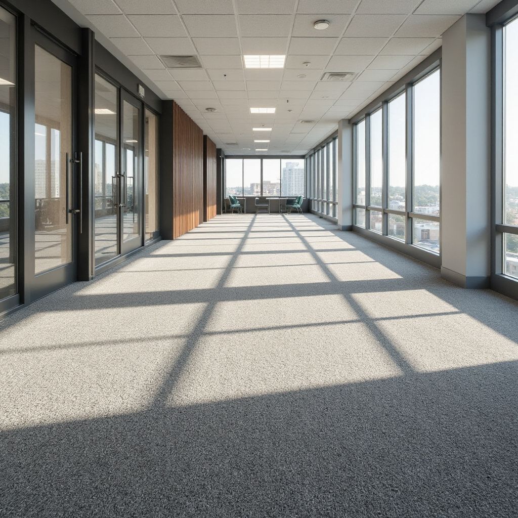 Long, well-lit office hallway with large windows casting shadows on a gray carpet.