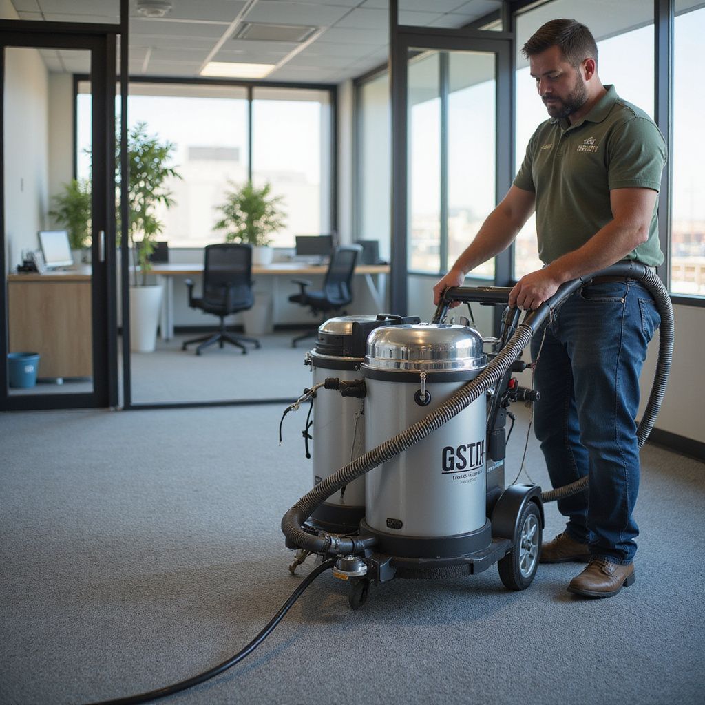 Man operating a carpet cleaning machine in an office with large windows and furniture.