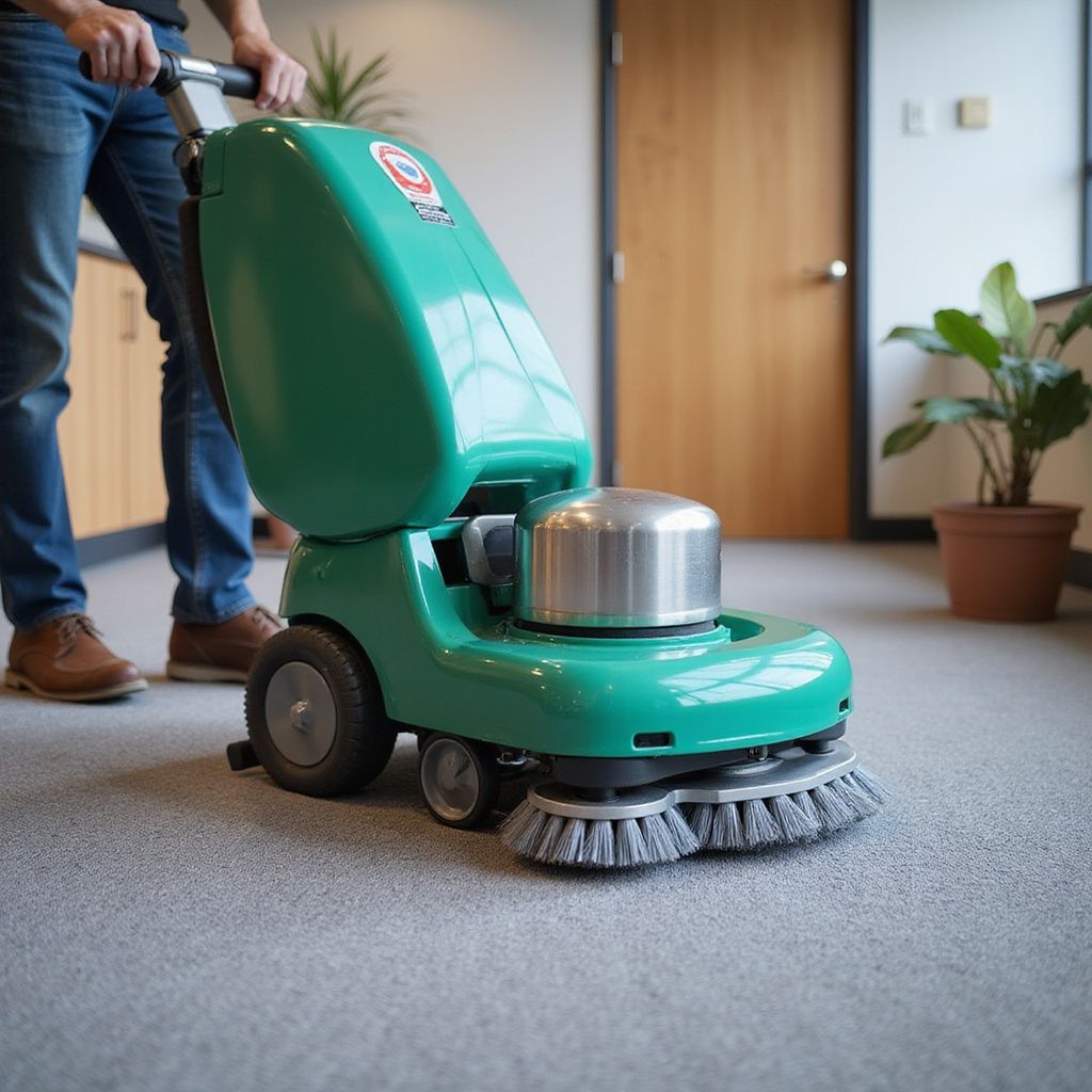 A person using a teal carpet cleaning machine in an office setting.