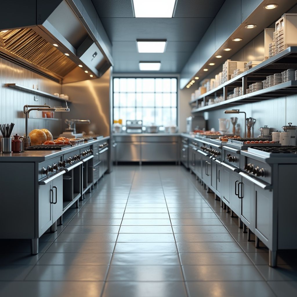 Commercial kitchen with stainless steel appliances, shelves, and a window at the end.