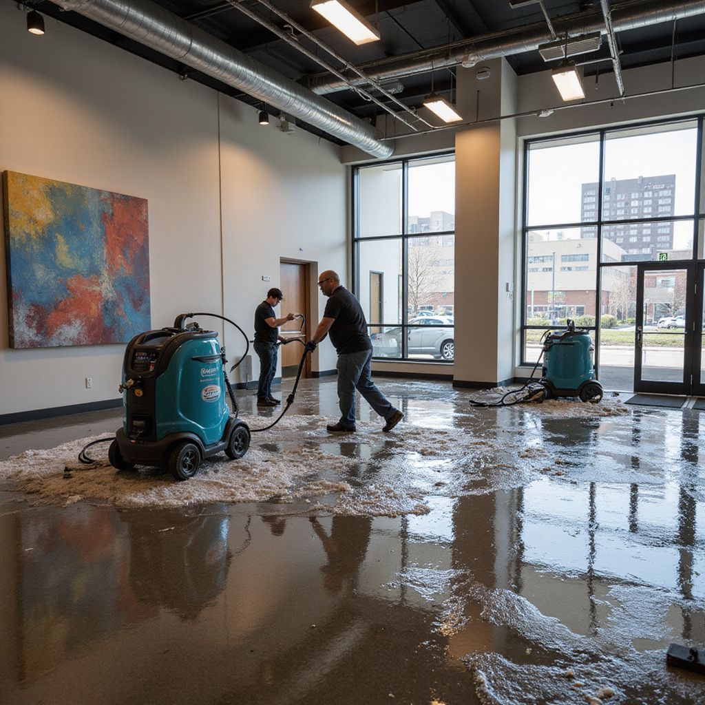 Two workers cleaning water-covered floor with large vacuum in a bright, modern room.