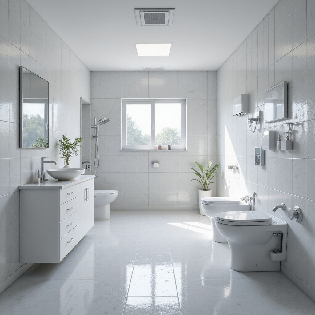 A bright, white tiled bathroom with a sink, two toilets, and a window.