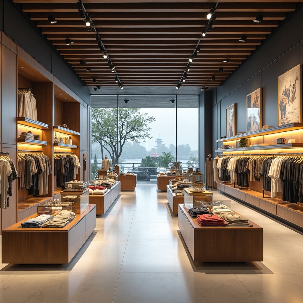 Clothing store interior with clothing racks, wooden displays, and a large window overlooking a lake.
