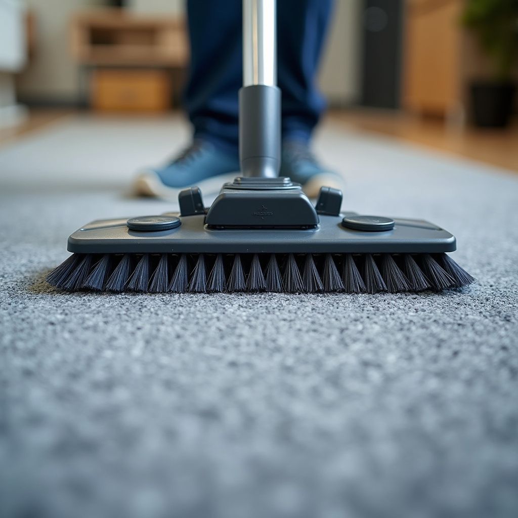 Vacuum cleaner head on gray carpet, with person's feet in background.