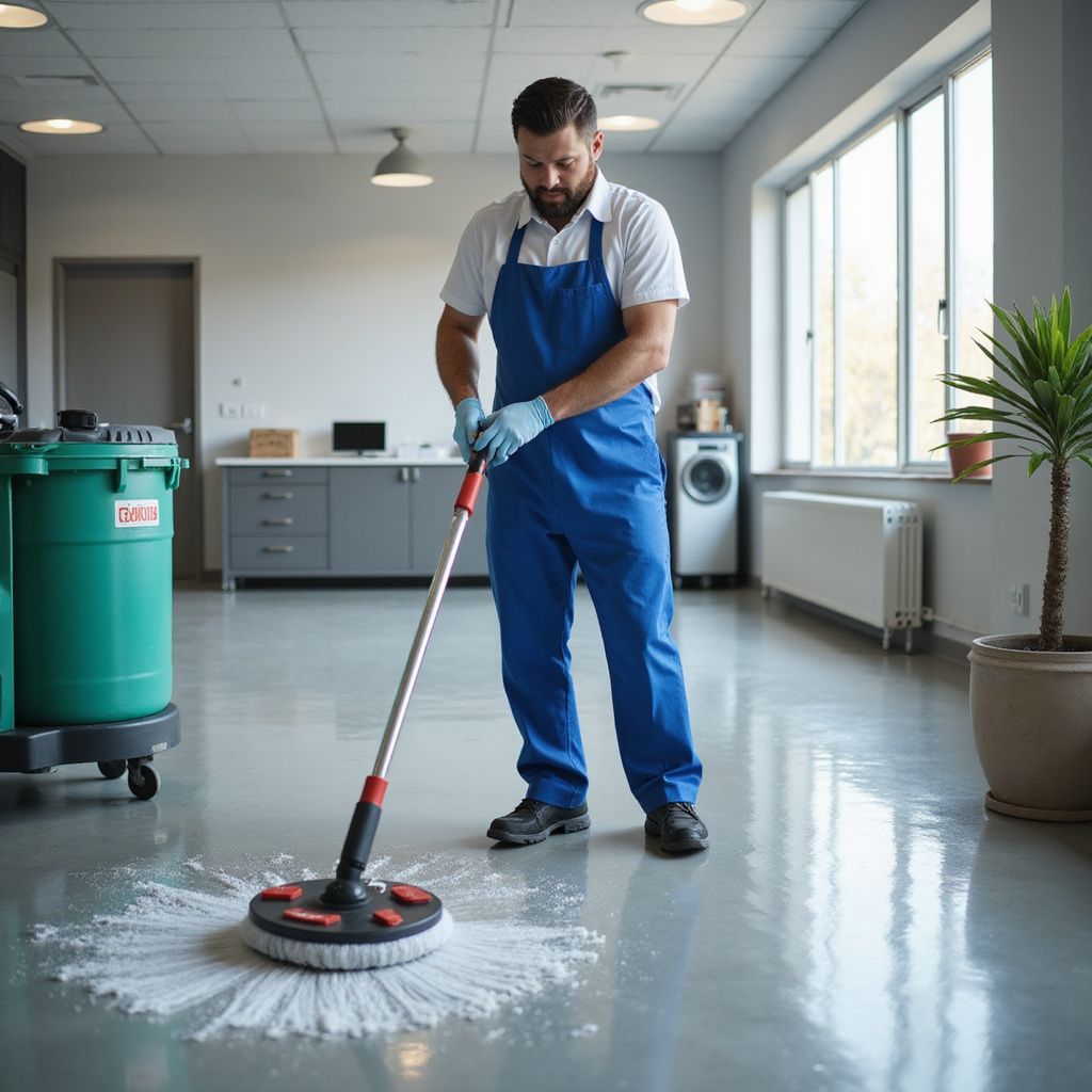 A person in a blue apron and gloves mopping a floor. A cleaning machine and a potted plant are in the background.