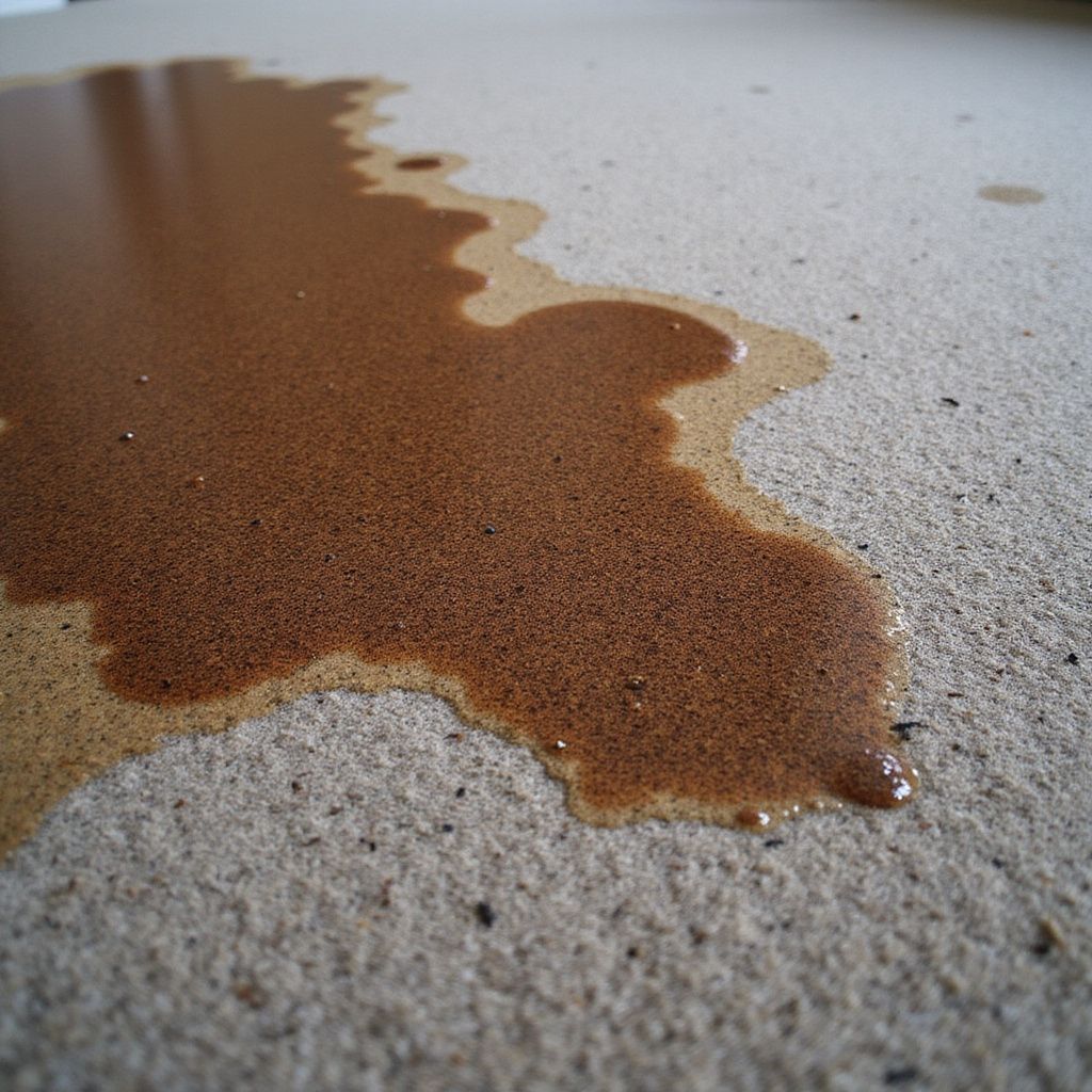 Brown liquid spilled on a light gray, textured surface.