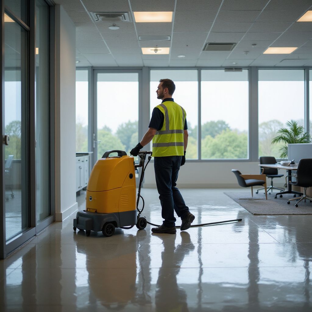 A person wearing a yellow safety vest operates a floor cleaning machine in an office.
