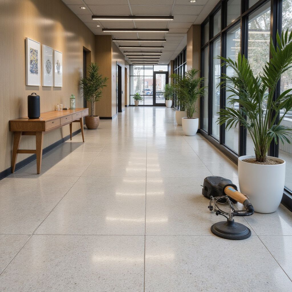 Long hallway with potted plants, large windows, and a shiny, tiled floor.