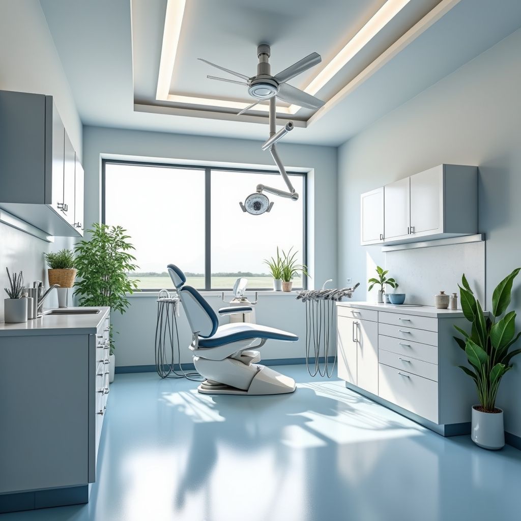 Dental office with blue flooring, cabinets, dental chair, and window with outdoor view.