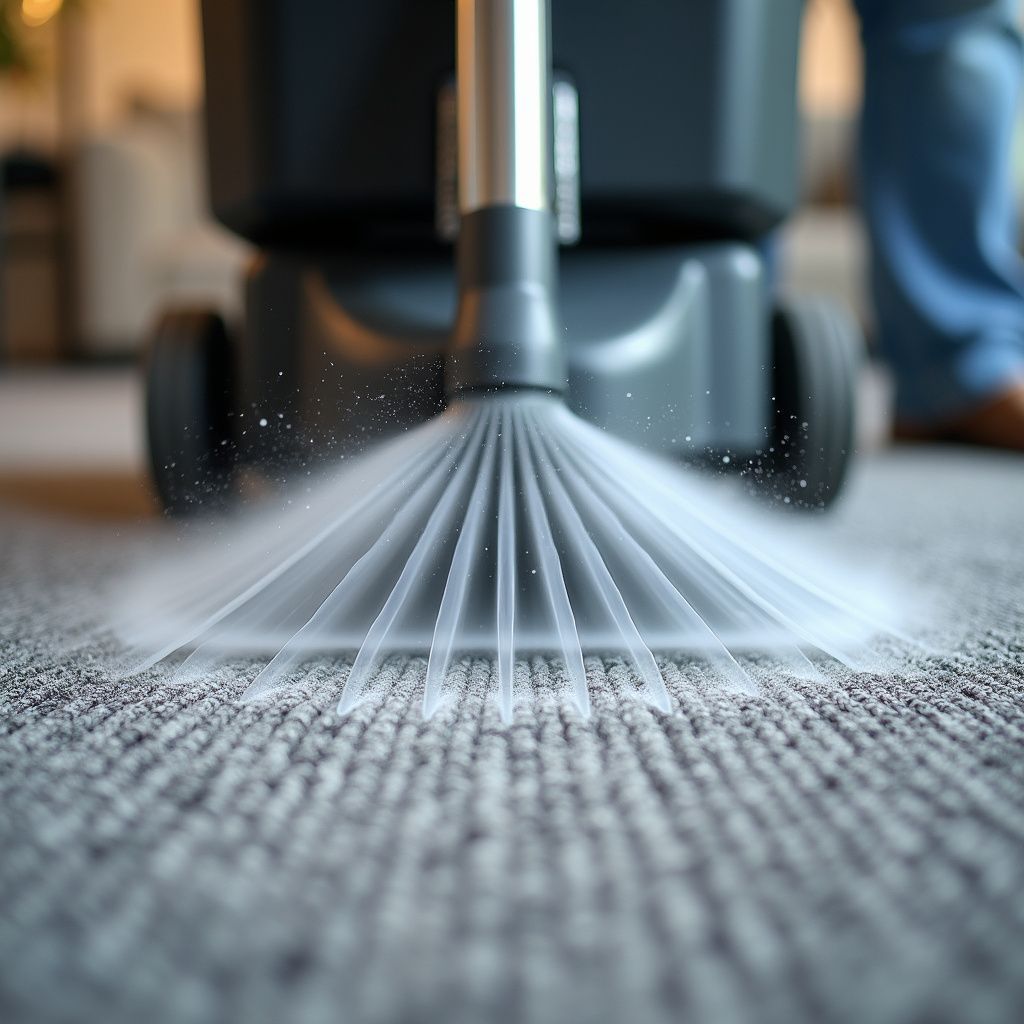 Carpet cleaner spraying water onto a gray carpet, close up. A person's legs are visible in the background.
