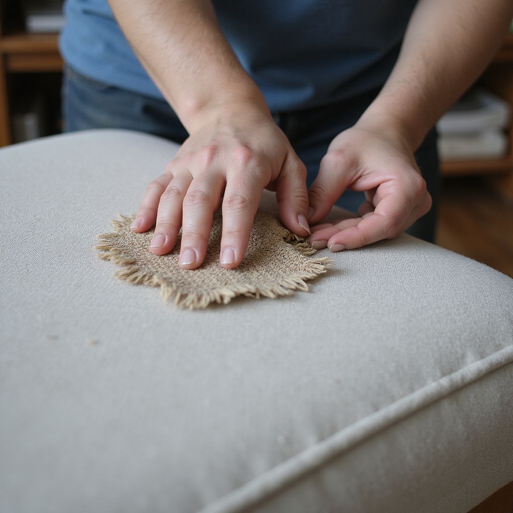 Person placing a burlap patch on a light-colored cushion.