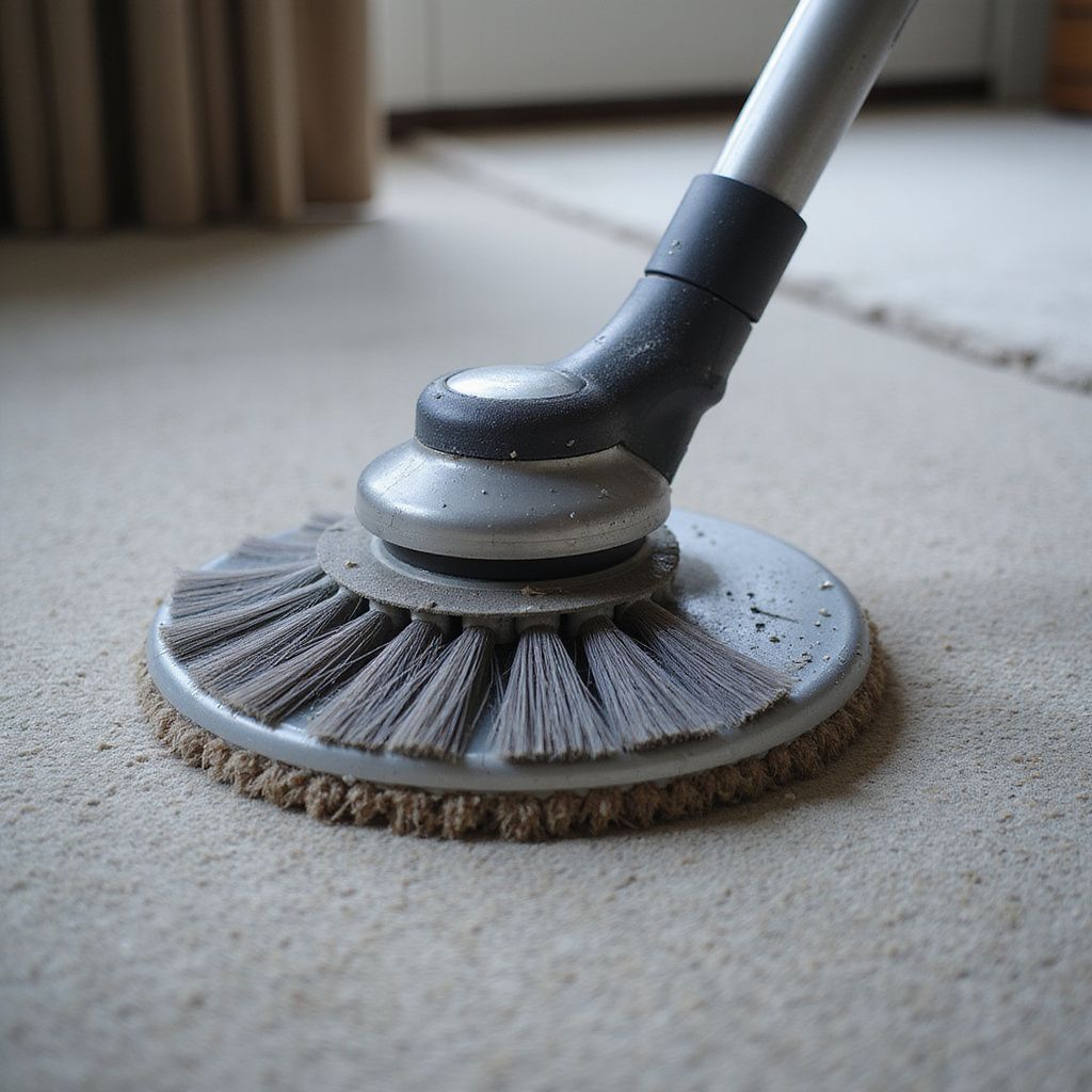 Vacuum attachment with round brush cleaning a light-colored carpet.