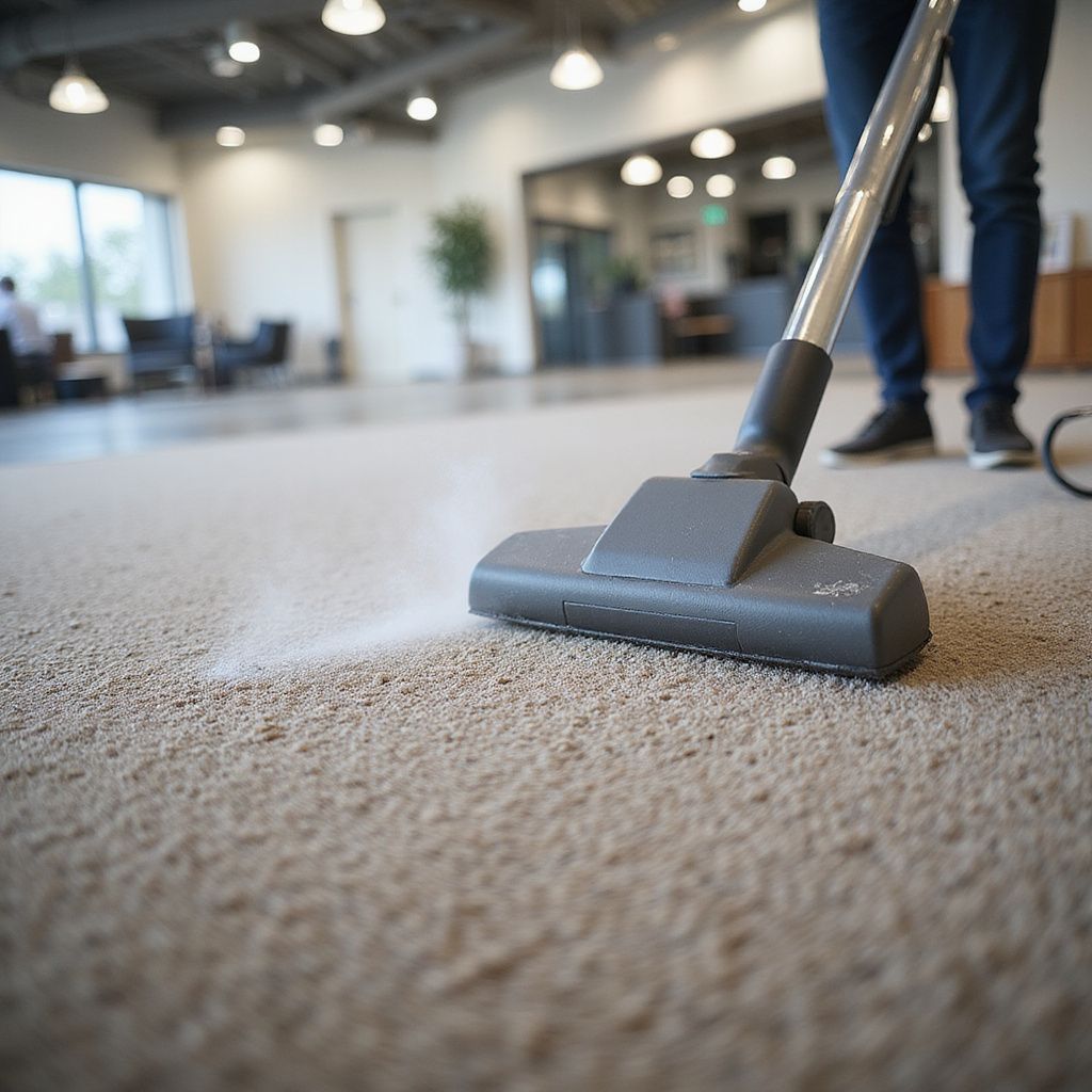 Person vacuuming a beige carpet in a bright office.