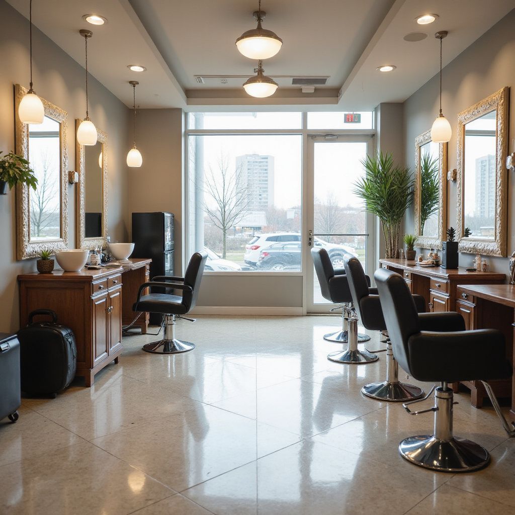 Hair salon interior with styling stations, mirrors, and a large window.