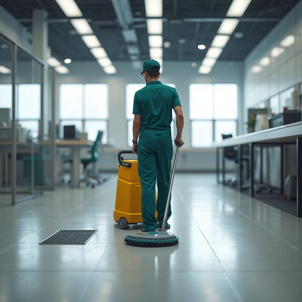 A person in green uniform operating a floor cleaning machine in a modern office.